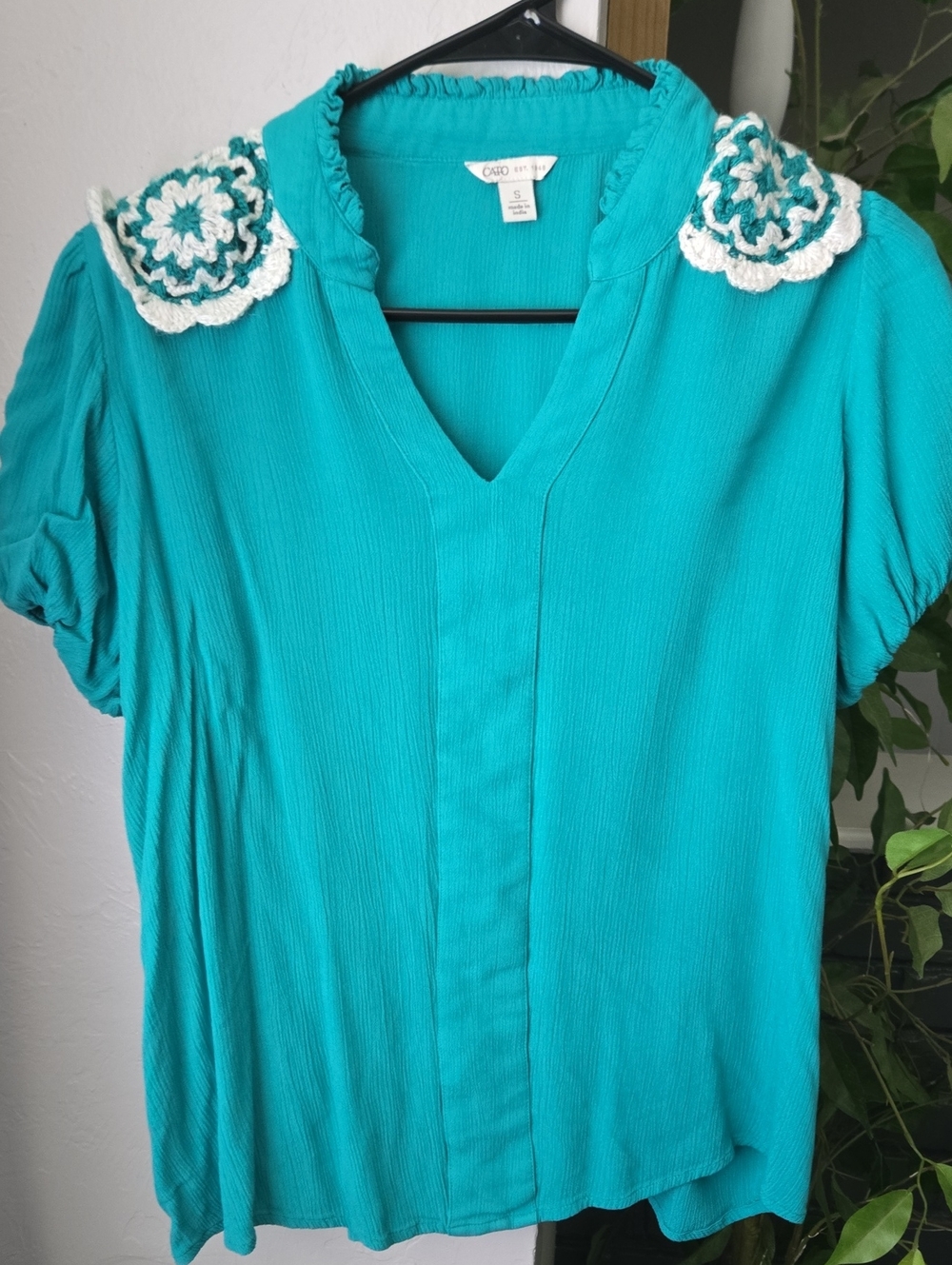 Cato Teal V-Neck Blouse with Crochet Shoulder Accents